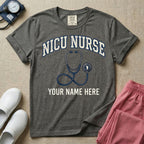 NICU nurse graphic featuring the collegiate text NICU NURSE arched over a stethoscope with a baby footprint on the bell, with the text YOUR NAME HERE at the bottom for custom personalization.