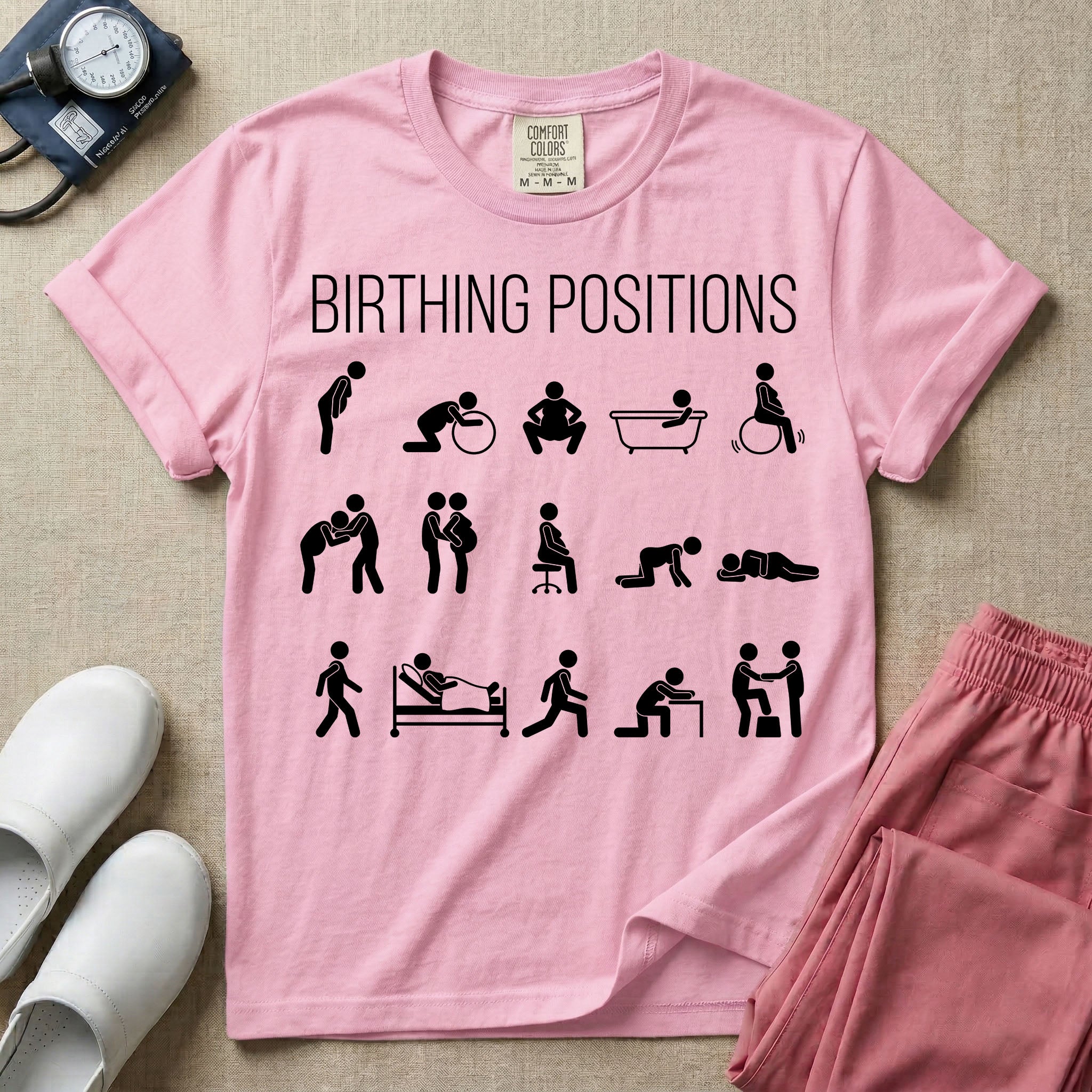 A minimalist Labor and Delivery, Midwife, or Doula design featuring fifteen stick figure illustrations demonstrating various labor and delivery poses beneath the text "BIRTHING POSITIONS".