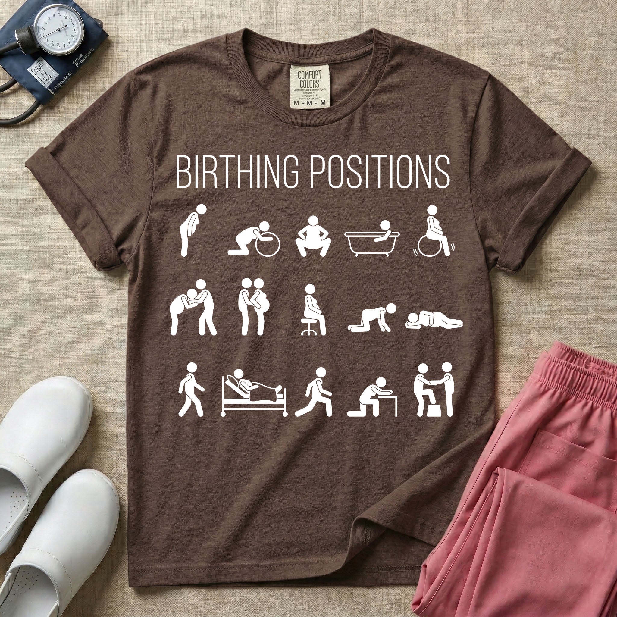 A minimalist Labor and Delivery, Midwife, or Doula design featuring fifteen stick figure illustrations demonstrating various labor and delivery poses beneath the text "BIRTHING POSITIONS".