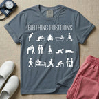 A minimalist Labor and Delivery, Midwife, or Doula design featuring fifteen stick figure illustrations demonstrating various labor and delivery poses beneath the text "BIRTHING POSITIONS".