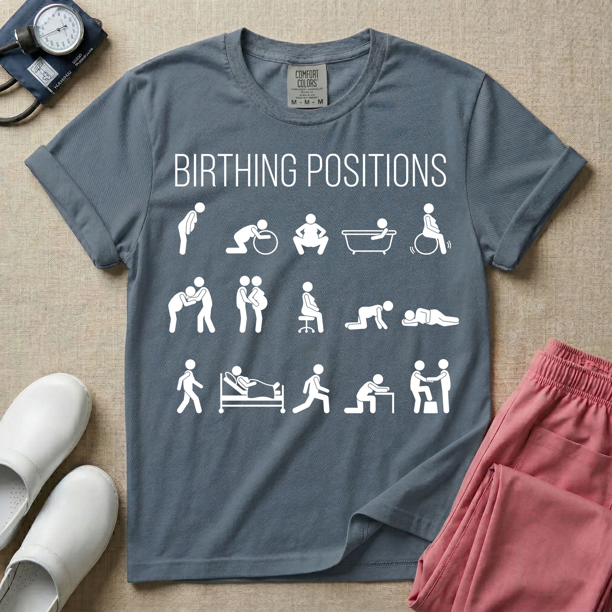 A minimalist Labor and Delivery, Midwife, or Doula design featuring fifteen stick figure illustrations demonstrating various labor and delivery poses beneath the text "BIRTHING POSITIONS".