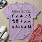 A minimalist Labor and Delivery, Midwife, or Doula design featuring fifteen stick figure illustrations demonstrating various labor and delivery poses beneath the text "BIRTHING POSITIONS".
