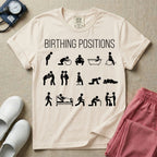 A minimalist Labor and Delivery, Midwife, or Doula design featuring fifteen stick figure illustrations demonstrating various labor and delivery poses beneath the text "BIRTHING POSITIONS".