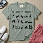A minimalist Labor and Delivery, Midwife, or Doula design featuring fifteen stick figure illustrations demonstrating various labor and delivery poses beneath the text "BIRTHING POSITIONS".
