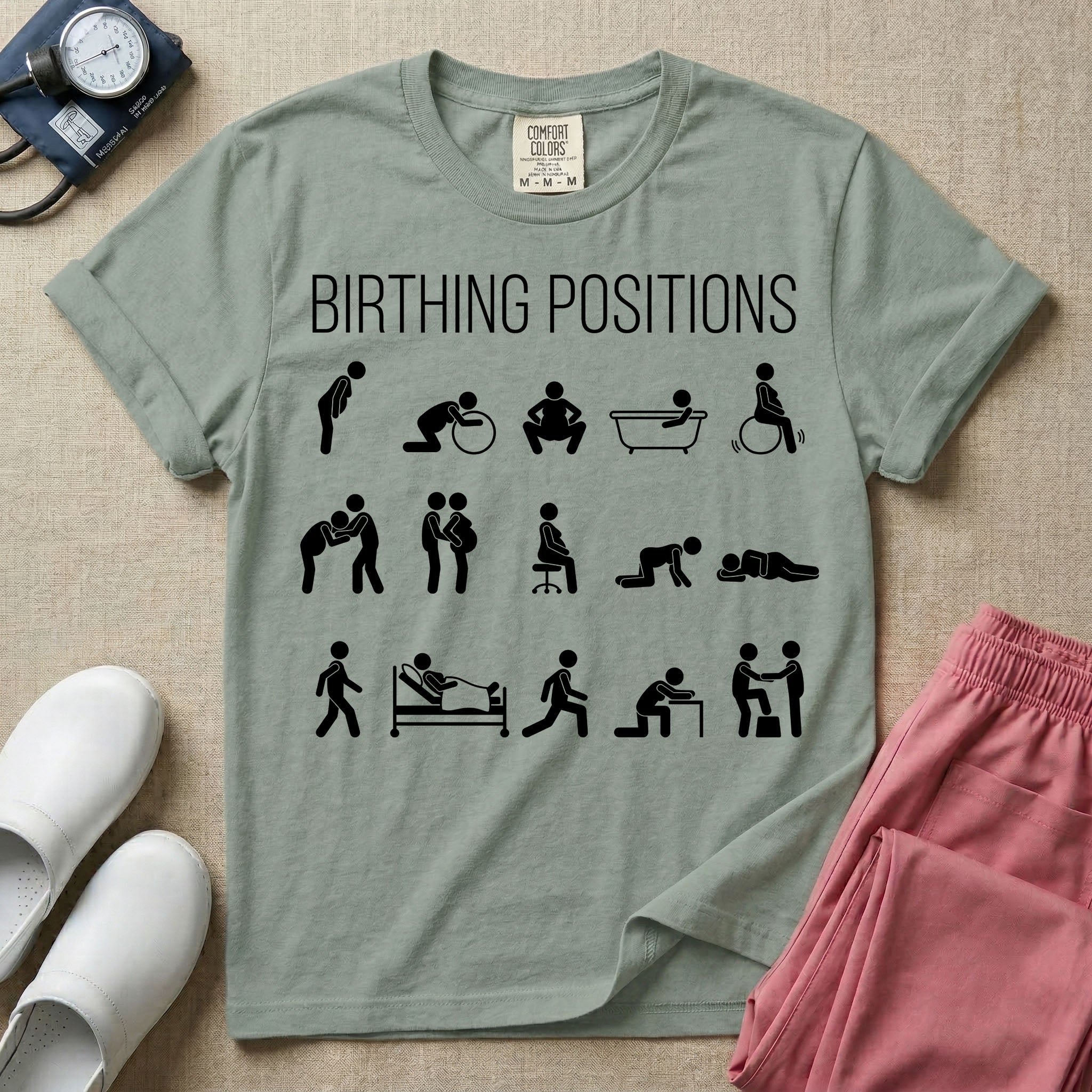 A minimalist Labor and Delivery, Midwife, or Doula design featuring fifteen stick figure illustrations demonstrating various labor and delivery poses beneath the text "BIRTHING POSITIONS".