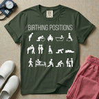 A minimalist Labor and Delivery, Midwife, or Doula design featuring fifteen stick figure illustrations demonstrating various labor and delivery poses beneath the text "BIRTHING POSITIONS".