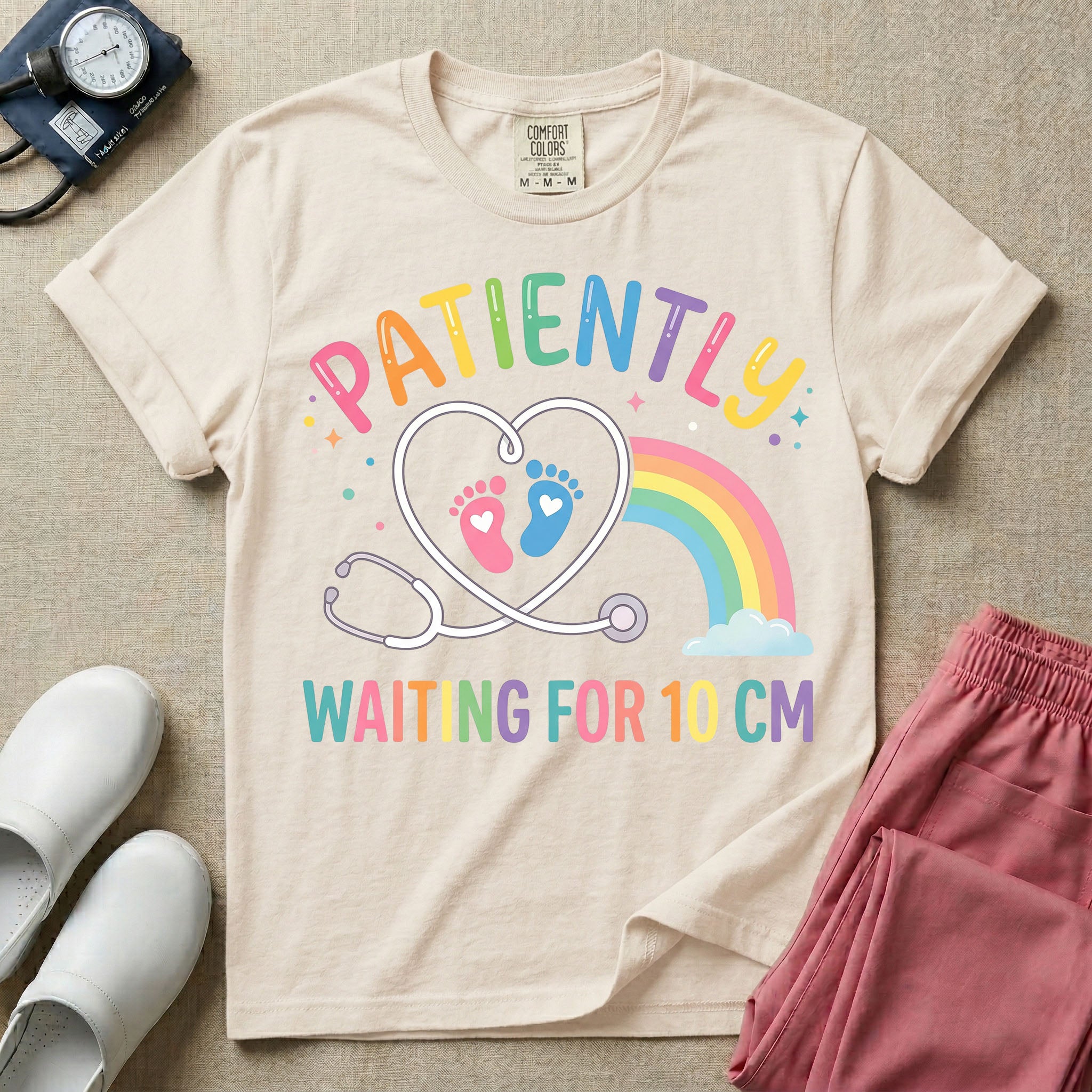 A cute Labor and Delivery and Midwife design featuring a heart-shaped stethoscope enclosing pink and blue baby footprints next to a pastel rainbow and small stars, accompanied by the text "PATIENTLY WAITING FOR 10 CM" in colorful lettering.