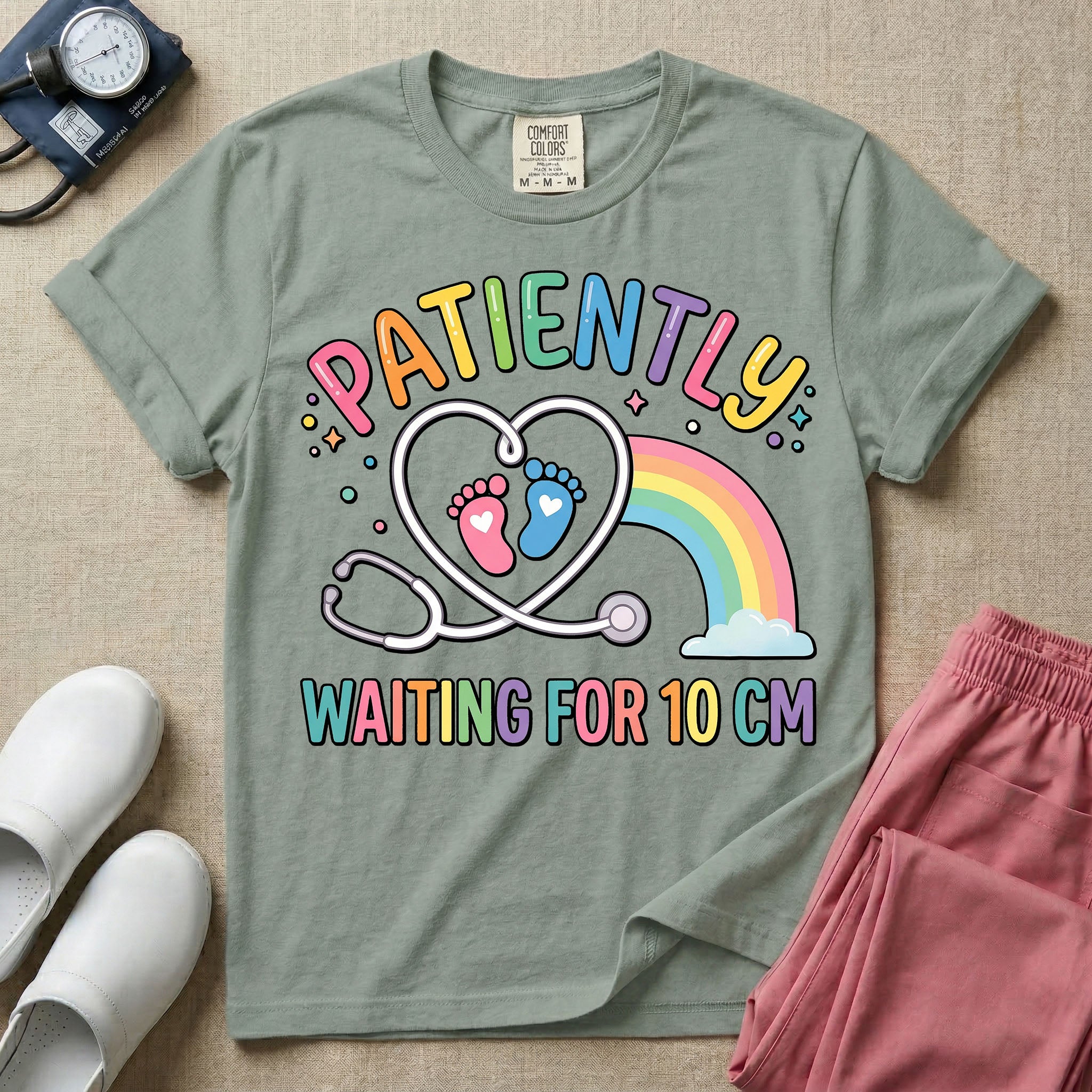 A cute Labor and Delivery and Midwife design featuring a heart-shaped stethoscope enclosing pink and blue baby footprints next to a pastel rainbow and small stars, accompanied by the text "PATIENTLY WAITING FOR 10 CM" in colorful lettering.