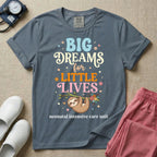 A cute Neonatal Intensive Care Unit nurse design featuring a smiling sloth hanging from a leafy branch decorated with colorful flowers and a dangling heart, surrounded by small stars, beneath the text "BIG Dreams for LITTLE LIVES neonatal intensive care unit" in varied, colorful typography.