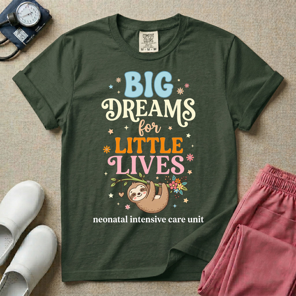 A cute Neonatal Intensive Care Unit nurse design featuring a smiling sloth hanging from a leafy branch decorated with colorful flowers and a dangling heart, surrounded by small stars, beneath the text "BIG Dreams for LITTLE LIVES neonatal intensive care unit" in varied, colorful typography.
