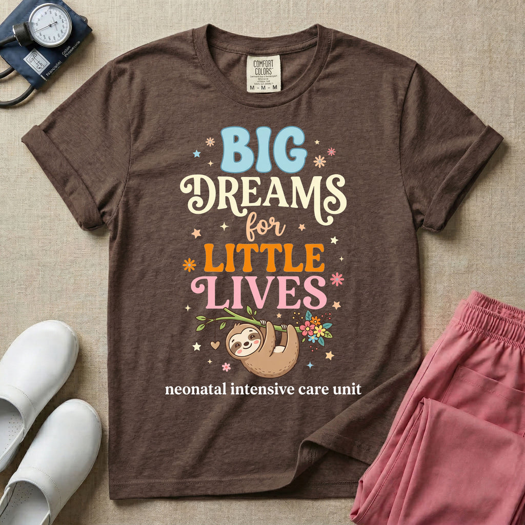 A cute Neonatal Intensive Care Unit nurse design featuring a smiling sloth hanging from a leafy branch decorated with colorful flowers and a dangling heart, surrounded by small stars, beneath the text "BIG Dreams for LITTLE LIVES neonatal intensive care unit" in varied, colorful typography.