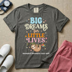 A cute Neonatal Intensive Care Unit nurse design featuring a smiling sloth hanging from a leafy branch decorated with colorful flowers and a dangling heart, surrounded by small stars, beneath the text "BIG Dreams for LITTLE LIVES neonatal intensive care unit" in varied, colorful typography.