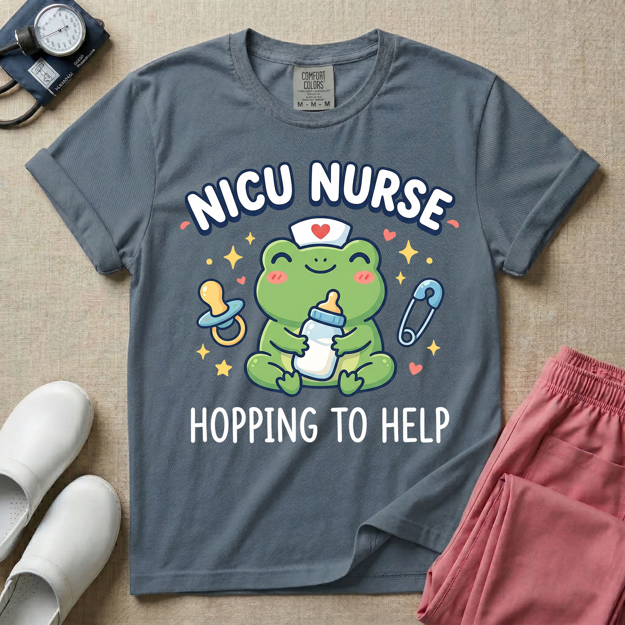 A cute Neonatal Intensive Care Unit nurse design featuring a smiling green frog wearing a nurse hat with a red heart, holding a baby bottle, accompanied by a floating pacifier, safety pin, stars, and hearts, surrounded by the text "NICU NURSE HOPPING TO HELP".