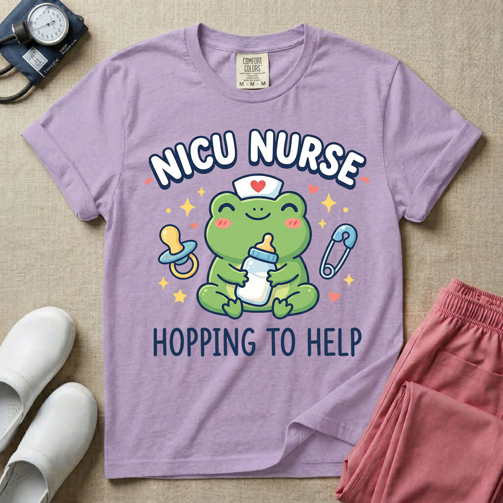 A cute Neonatal Intensive Care Unit nurse design featuring a smiling green frog wearing a nurse hat with a red heart, holding a baby bottle, accompanied by a floating pacifier, safety pin, stars, and hearts, surrounded by the text "NICU NURSE HOPPING TO HELP".