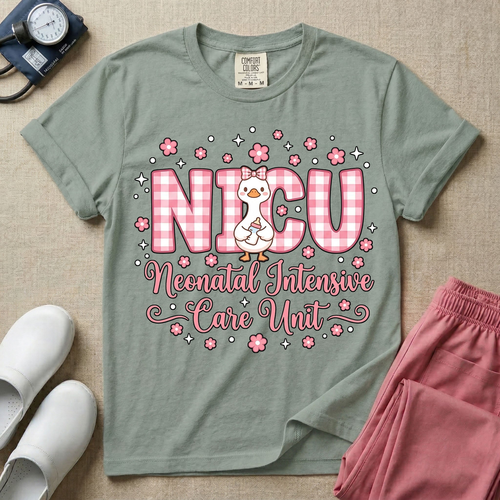 A cute Neonatal Intensive Care Unit nurse design featuring large pink and white gingham letters spelling NICU, with a sweet white duck wearing a pink hair bow and holding a baby bottle, surrounded by pink flowers, white stars, and the text "Neonatal Intensive Care Unit" in a pink cursive font.