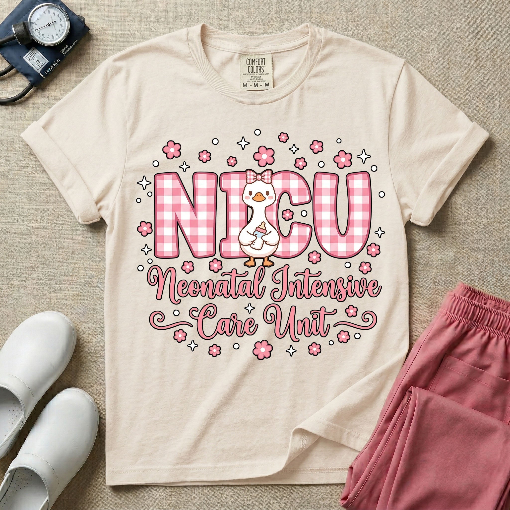 A cute Neonatal Intensive Care Unit nurse design featuring large pink and white gingham letters spelling NICU, with a sweet white duck wearing a pink hair bow and holding a baby bottle, surrounded by pink flowers, white stars, and the text "Neonatal Intensive Care Unit" in a pink cursive font.