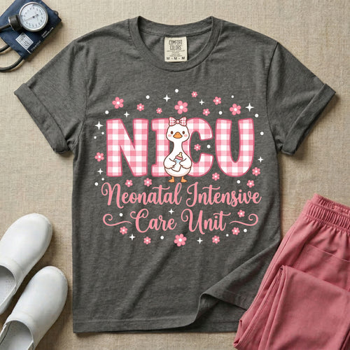 Cute Pink Gingham Duck NICU Nurse T-Shirt