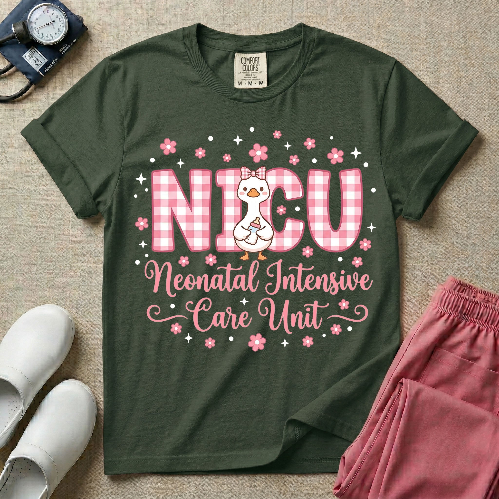 A cute Neonatal Intensive Care Unit nurse design featuring large pink and white gingham letters spelling NICU, with a sweet white duck wearing a pink hair bow and holding a baby bottle, surrounded by pink flowers, white stars, and the text "Neonatal Intensive Care Unit" in a pink cursive font.