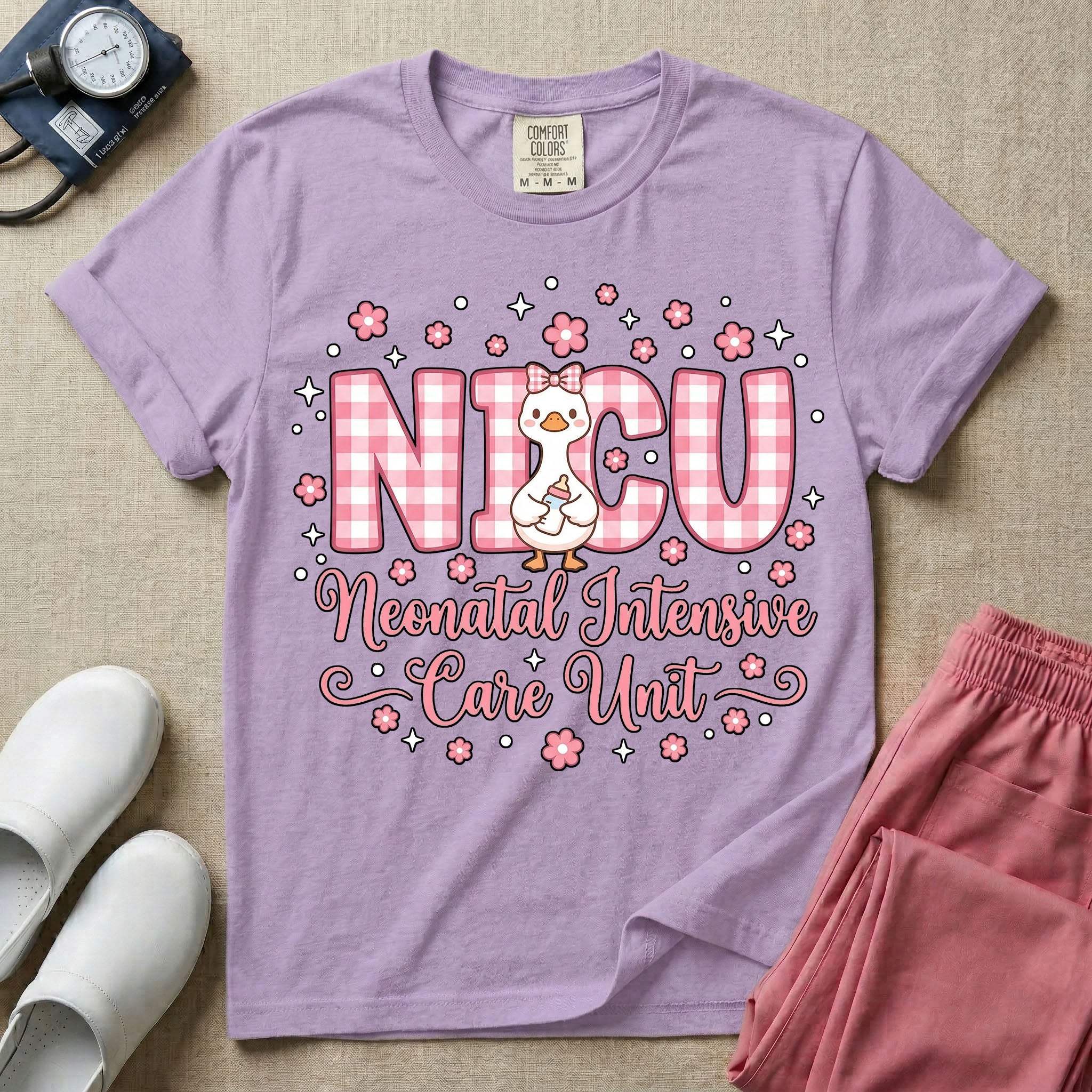 A cute Neonatal Intensive Care Unit nurse design featuring large pink and white gingham letters spelling NICU, with a sweet white duck wearing a pink hair bow and holding a baby bottle, surrounded by pink flowers, white stars, and the text "Neonatal Intensive Care Unit" in a pink cursive font.