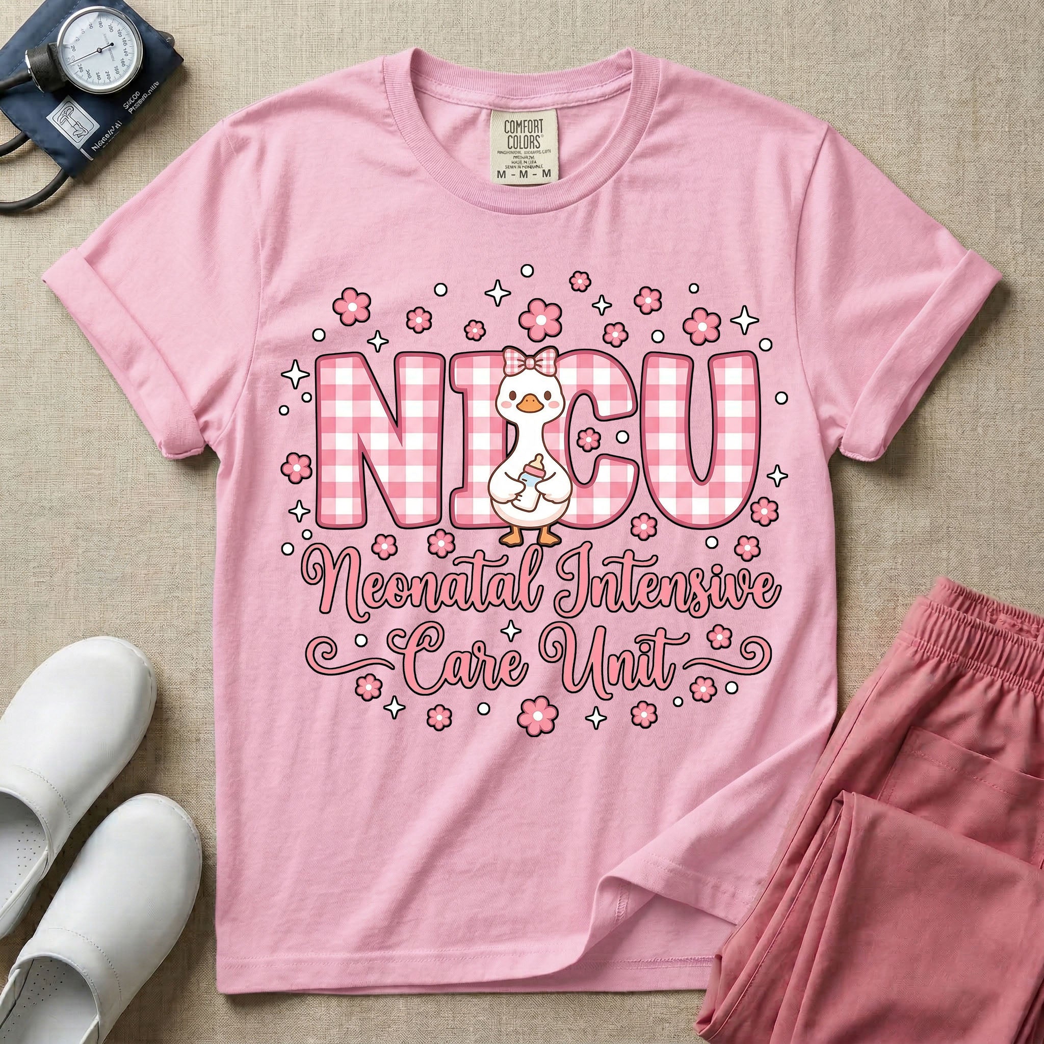 A cute Neonatal Intensive Care Unit nurse design featuring large pink and white gingham letters spelling NICU, with a sweet white duck wearing a pink hair bow and holding a baby bottle, surrounded by pink flowers, white stars, and the text "Neonatal Intensive Care Unit" in a pink cursive font.