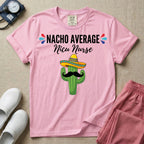 A humorous Neonatal Intensive Care Unit nurse design featuring a green cactus wearing a colorful striped sombrero and a black mustache, positioned below the text "NACHO AVERAGE Nicu Nurse" with red and blue decorative teardrop accents.