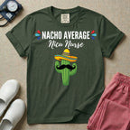 A humorous Neonatal Intensive Care Unit nurse design featuring a green cactus wearing a colorful striped sombrero and a black mustache, positioned below the text "NACHO AVERAGE Nicu Nurse" with red and blue decorative teardrop accents.