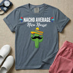 A humorous Neonatal Intensive Care Unit nurse design featuring a green cactus wearing a colorful striped sombrero and a black mustache, positioned below the text "NACHO AVERAGE Nicu Nurse" with red and blue decorative teardrop accents.