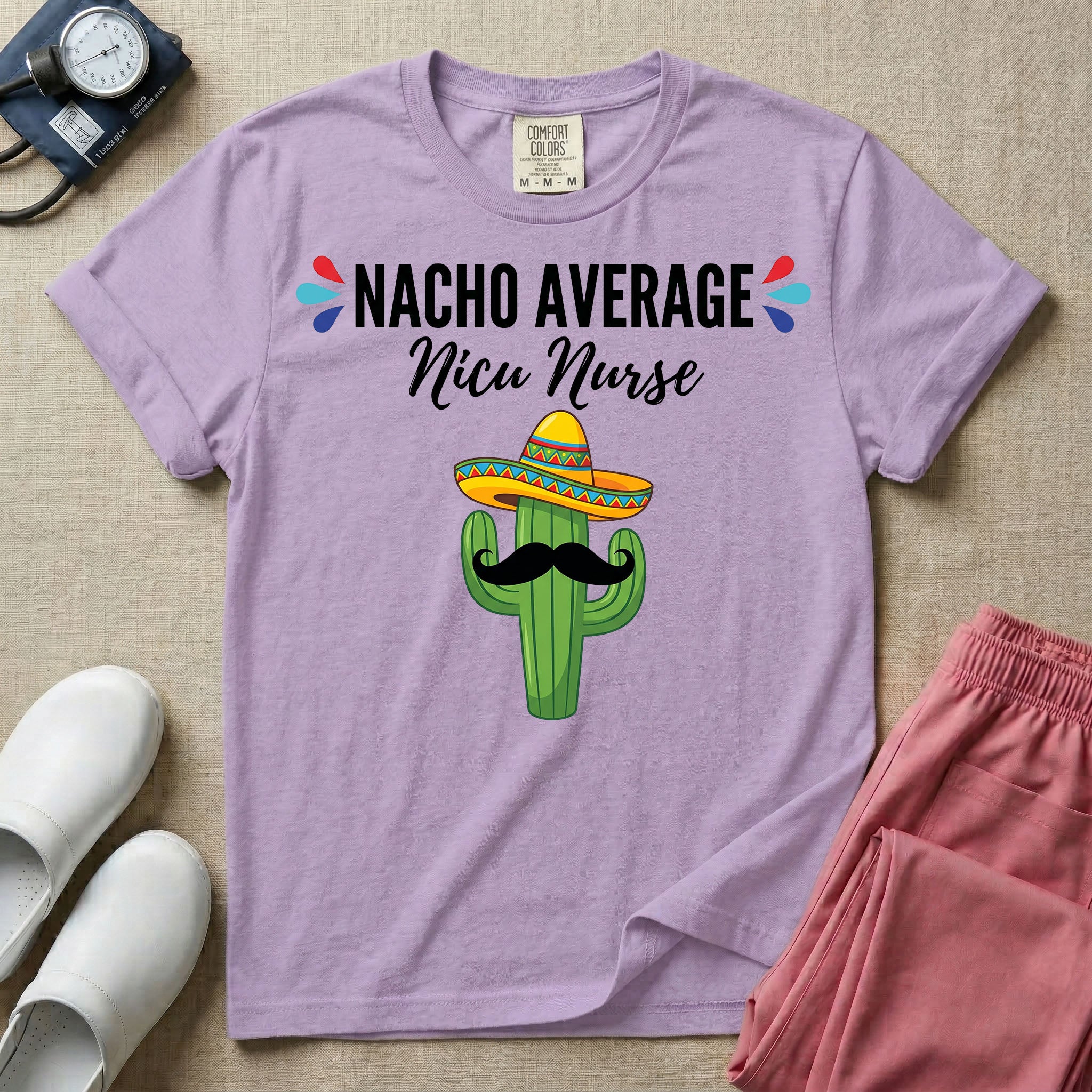 A humorous Neonatal Intensive Care Unit nurse design featuring a green cactus wearing a colorful striped sombrero and a black mustache, positioned below the text "NACHO AVERAGE Nicu Nurse" with red and blue decorative teardrop accents.