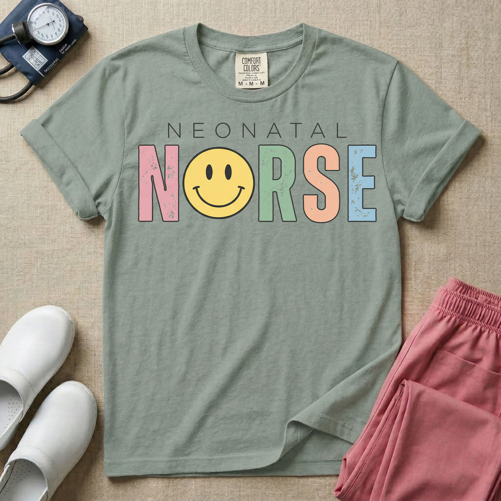 A retro Neonatal Intensive Care Unit nurse design featuring the word "NEONATAL" in simple white lettering above the word "NURSE" spelled out in large, distressed, pastel-colored letters, with a classic yellow smiley face replacing the letter U.