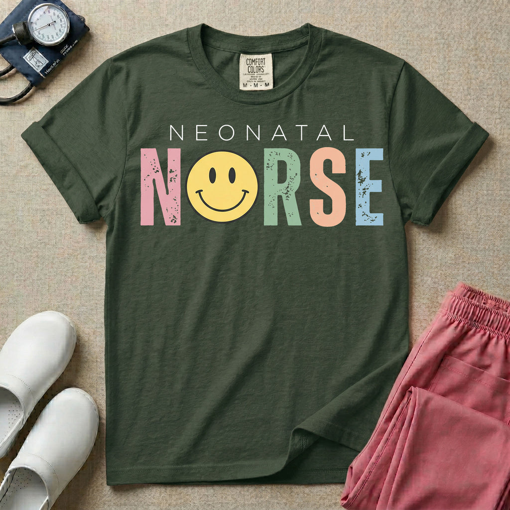 A retro Neonatal Intensive Care Unit nurse design featuring the word "NEONATAL" in simple white lettering above the word "NURSE" spelled out in large, distressed, pastel-colored letters, with a classic yellow smiley face replacing the letter U.