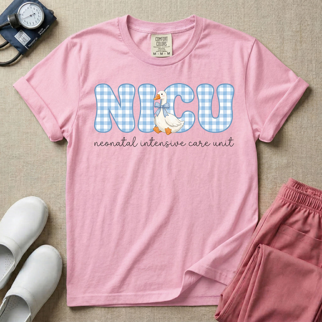 A cute Neonatal Intensive Care Unit nurse design featuring large blue and white gingham patterned letters spelling NICU, alongside a sweet white duck wearing a matching blue patterned bow, positioned above the text "neonatal intensive care unit" in a delicate cursive font.