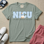 A cute Neonatal Intensive Care Unit nurse design featuring large blue and white gingham patterned letters spelling NICU, alongside a sweet white duck wearing a matching blue patterned bow, positioned above the text "neonatal intensive care unit" in a delicate cursive font.