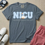 A cute Neonatal Intensive Care Unit nurse design featuring large blue and white gingham patterned letters spelling NICU, alongside a sweet white duck wearing a matching blue patterned bow, positioned above the text "neonatal intensive care unit" in a delicate cursive font.