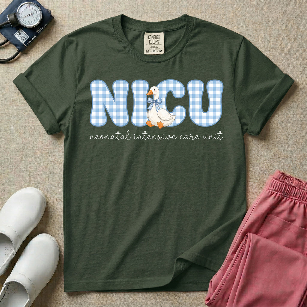 A cute Neonatal Intensive Care Unit nurse design featuring large blue and white gingham patterned letters spelling NICU, alongside a sweet white duck wearing a matching blue patterned bow, positioned above the text "neonatal intensive care unit" in a delicate cursive font.