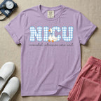 A cute Neonatal Intensive Care Unit nurse design featuring large blue and white gingham patterned letters spelling NICU, alongside a sweet white duck wearing a matching blue patterned bow, positioned above the text "neonatal intensive care unit" in a delicate cursive font.