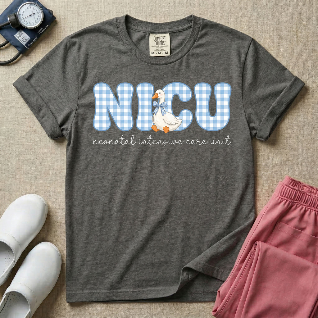 A cute Neonatal Intensive Care Unit nurse design featuring large blue and white gingham patterned letters spelling NICU, alongside a sweet white duck wearing a matching blue patterned bow, positioned above the text "neonatal intensive care unit" in a delicate cursive font.