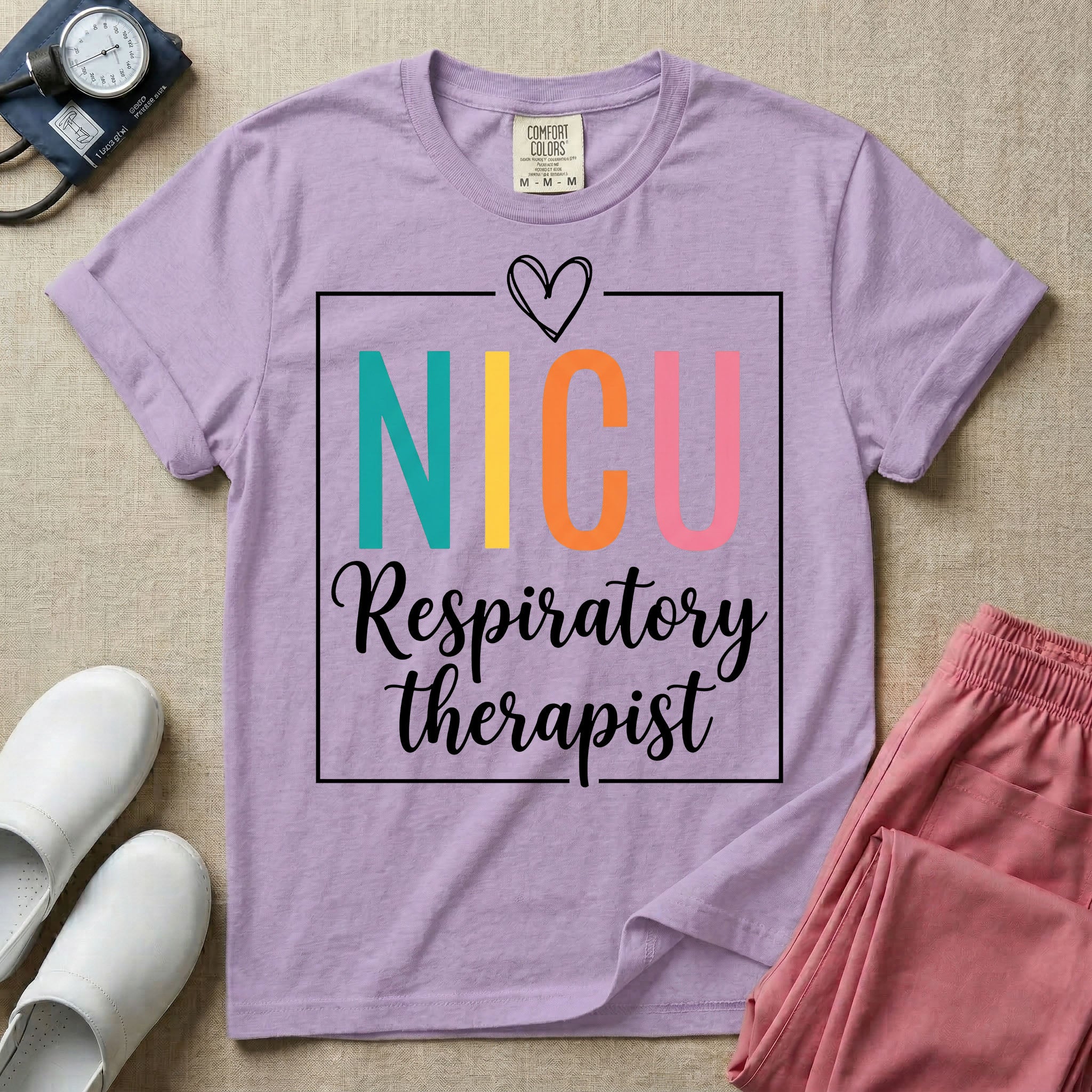 A Neonatal Intensive Care Unit design featuring the acronym NICU in large teal, yellow, orange, and pink block letters beneath a simple hand-drawn white heart, with the words "Respiratory therapist" in a white cursive font below, all partially enclosed by a thin white square frame.