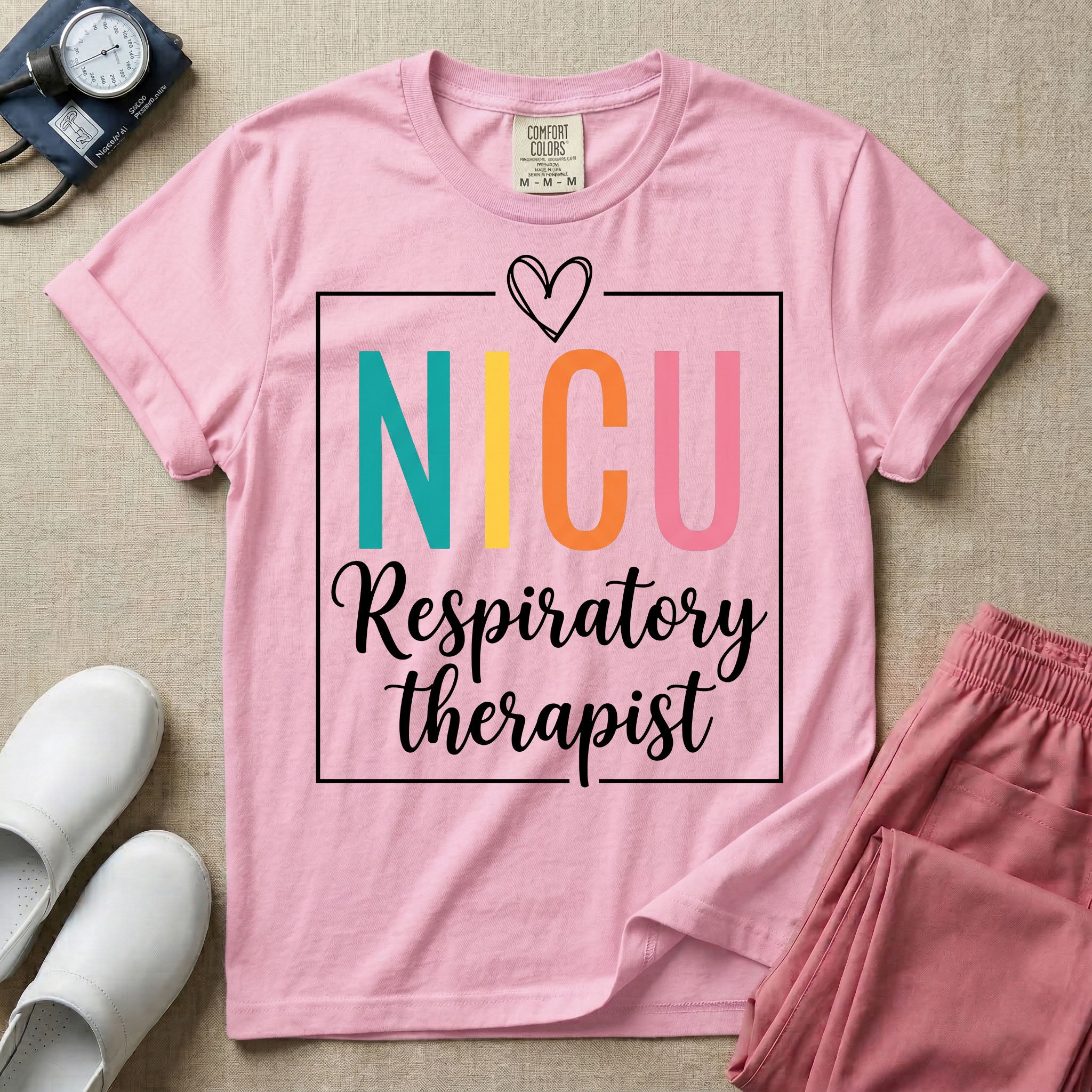 A Neonatal Intensive Care Unit design featuring the acronym NICU in large teal, yellow, orange, and pink block letters beneath a simple hand-drawn white heart, with the words "Respiratory therapist" in a white cursive font below, all partially enclosed by a thin white square frame.