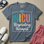 A Neonatal Intensive Care Unit design featuring the acronym NICU in large teal, yellow, orange, and pink block letters beneath a simple hand-drawn white heart, with the words "Respiratory therapist" in a white cursive font below, all partially enclosed by a thin white square frame.