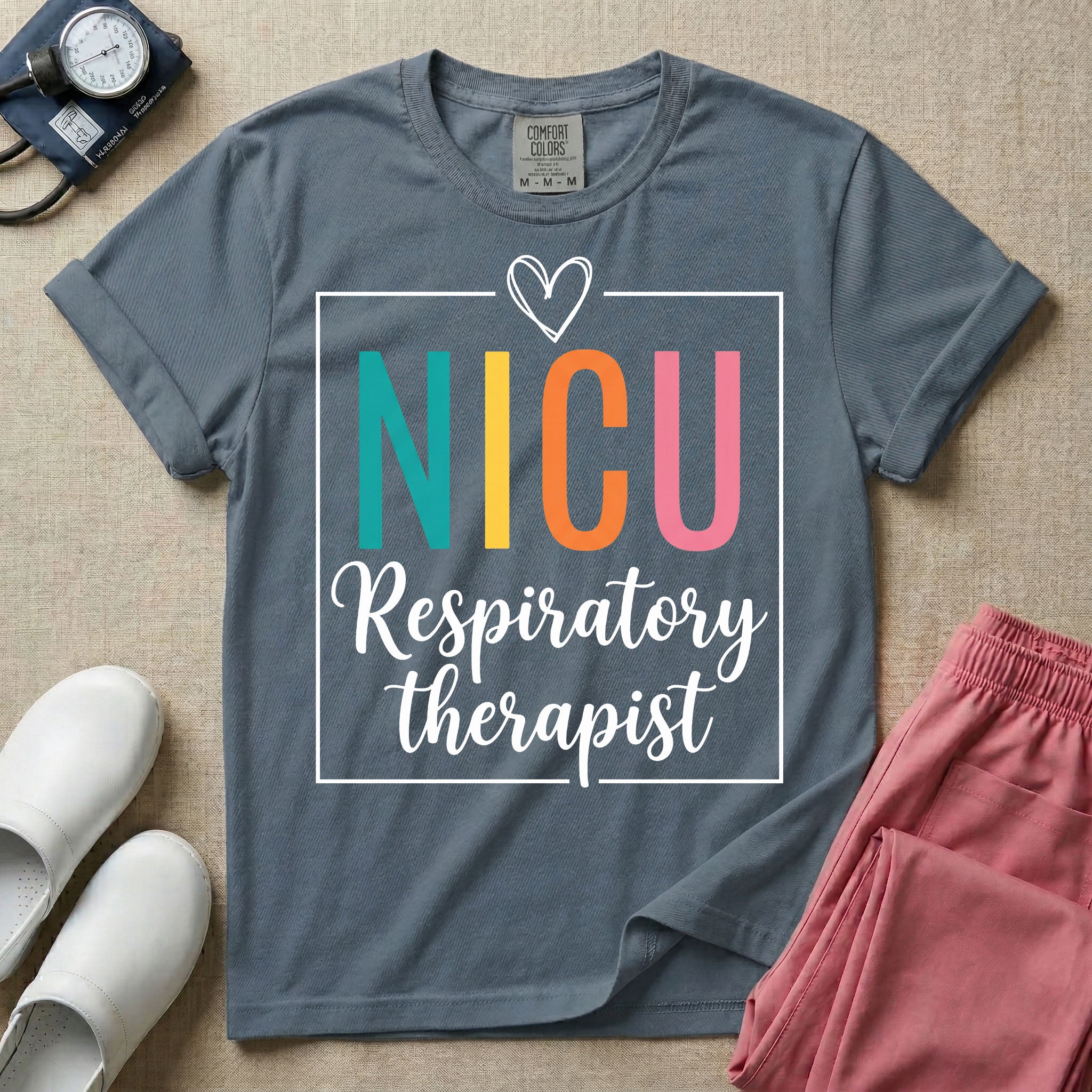 A Neonatal Intensive Care Unit design featuring the acronym NICU in large teal, yellow, orange, and pink block letters beneath a simple hand-drawn white heart, with the words "Respiratory therapist" in a white cursive font below, all partially enclosed by a thin white square frame.