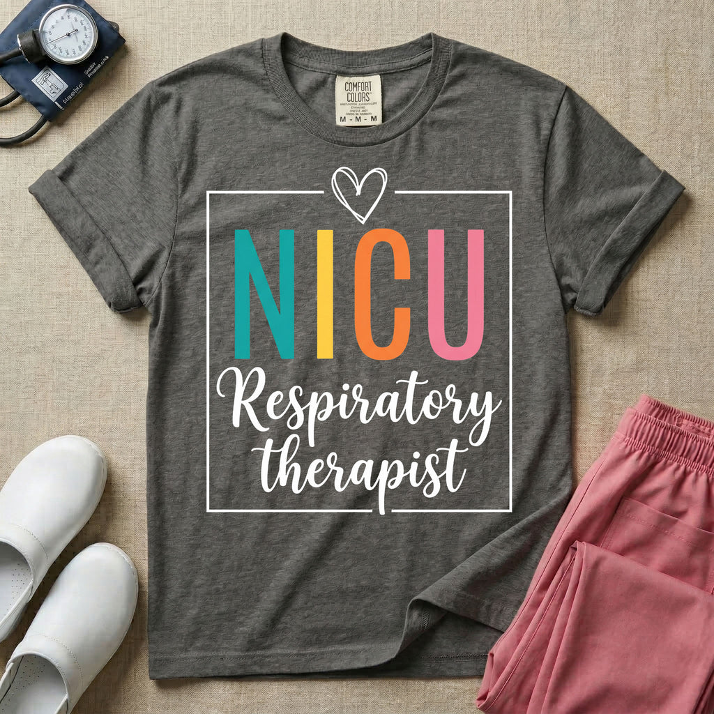 A Neonatal Intensive Care Unit design featuring the acronym NICU in large teal, yellow, orange, and pink block letters beneath a simple hand-drawn white heart, with the words "Respiratory therapist" in a white cursive font below, all partially enclosed by a thin white square frame.