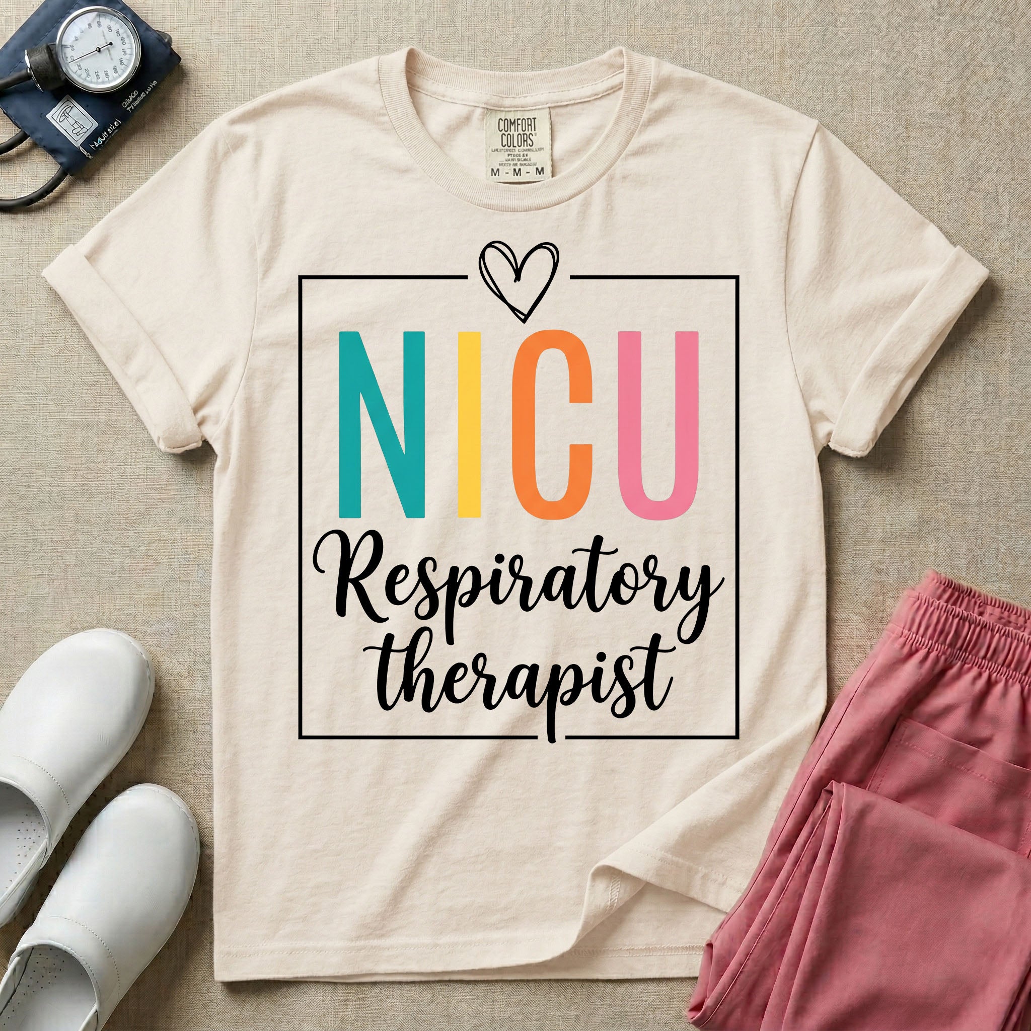 A Neonatal Intensive Care Unit design featuring the acronym NICU in large teal, yellow, orange, and pink block letters beneath a simple hand-drawn white heart, with the words "Respiratory therapist" in a white cursive font below, all partially enclosed by a thin white square frame.