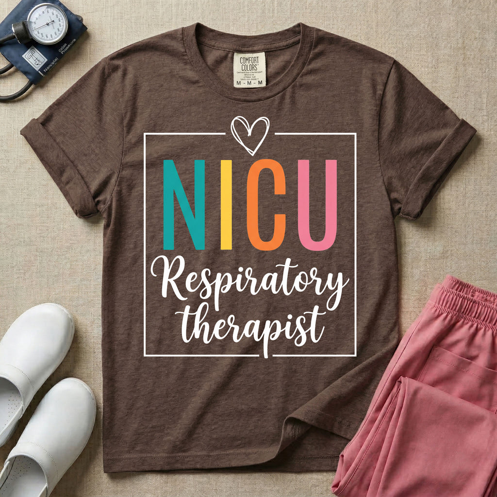 A Neonatal Intensive Care Unit design featuring the acronym NICU in large teal, yellow, orange, and pink block letters beneath a simple hand-drawn white heart, with the words "Respiratory therapist" in a white cursive font below, all partially enclosed by a thin white square frame.