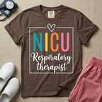 A Neonatal Intensive Care Unit design featuring the acronym NICU in large teal, yellow, orange, and pink block letters beneath a simple hand-drawn white heart, with the words "Respiratory therapist" in a white cursive font below, all partially enclosed by a thin white square frame.