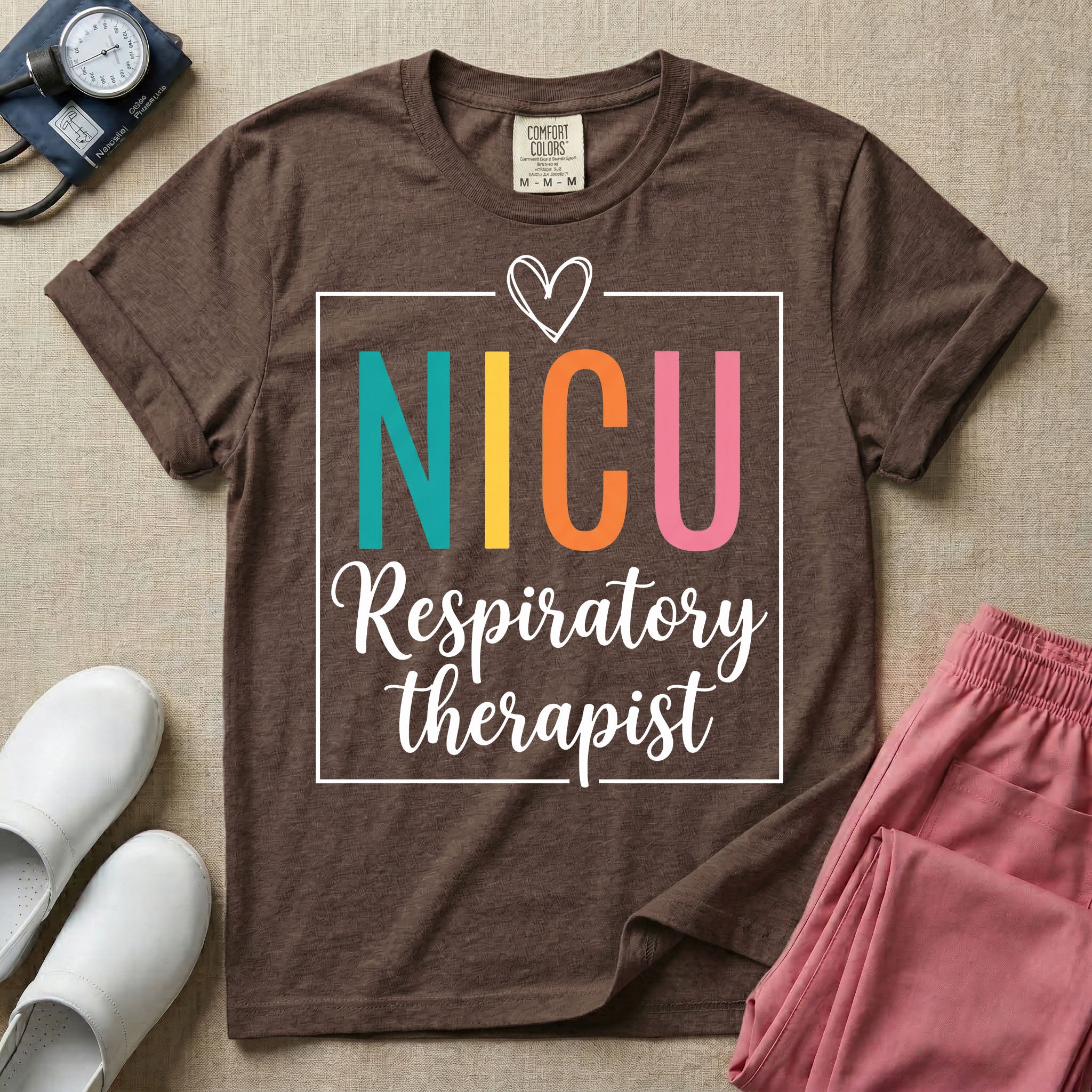 A Neonatal Intensive Care Unit design featuring the acronym NICU in large teal, yellow, orange, and pink block letters beneath a simple hand-drawn white heart, with the words "Respiratory therapist" in a white cursive font below, all partially enclosed by a thin white square frame.