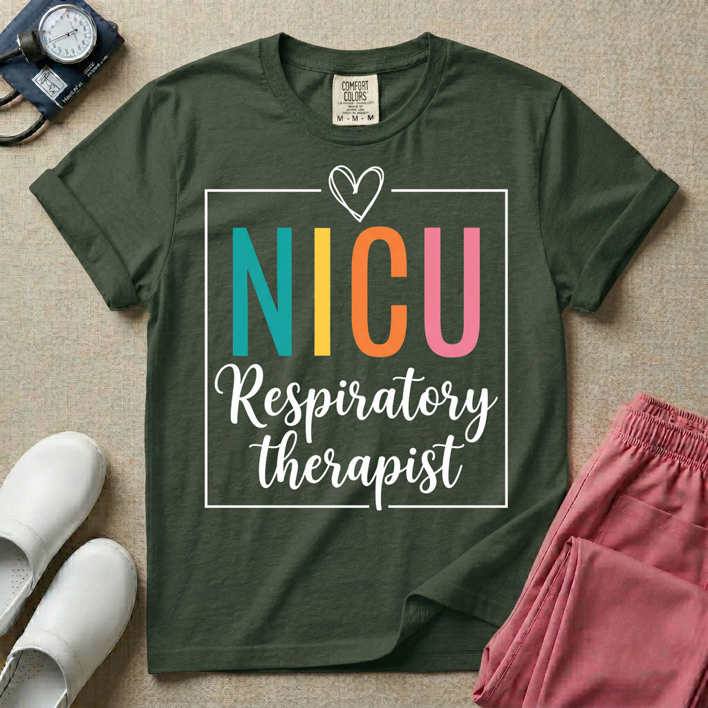A Neonatal Intensive Care Unit design featuring the acronym NICU in large teal, yellow, orange, and pink block letters beneath a simple hand-drawn white heart, with the words "Respiratory therapist" in a white cursive font below, all partially enclosed by a thin white square frame.