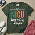 A Neonatal Intensive Care Unit design featuring the acronym NICU in large teal, yellow, orange, and pink block letters beneath a simple hand-drawn white heart, with the words "Respiratory therapist" in a white cursive font below, all partially enclosed by a thin white square frame.