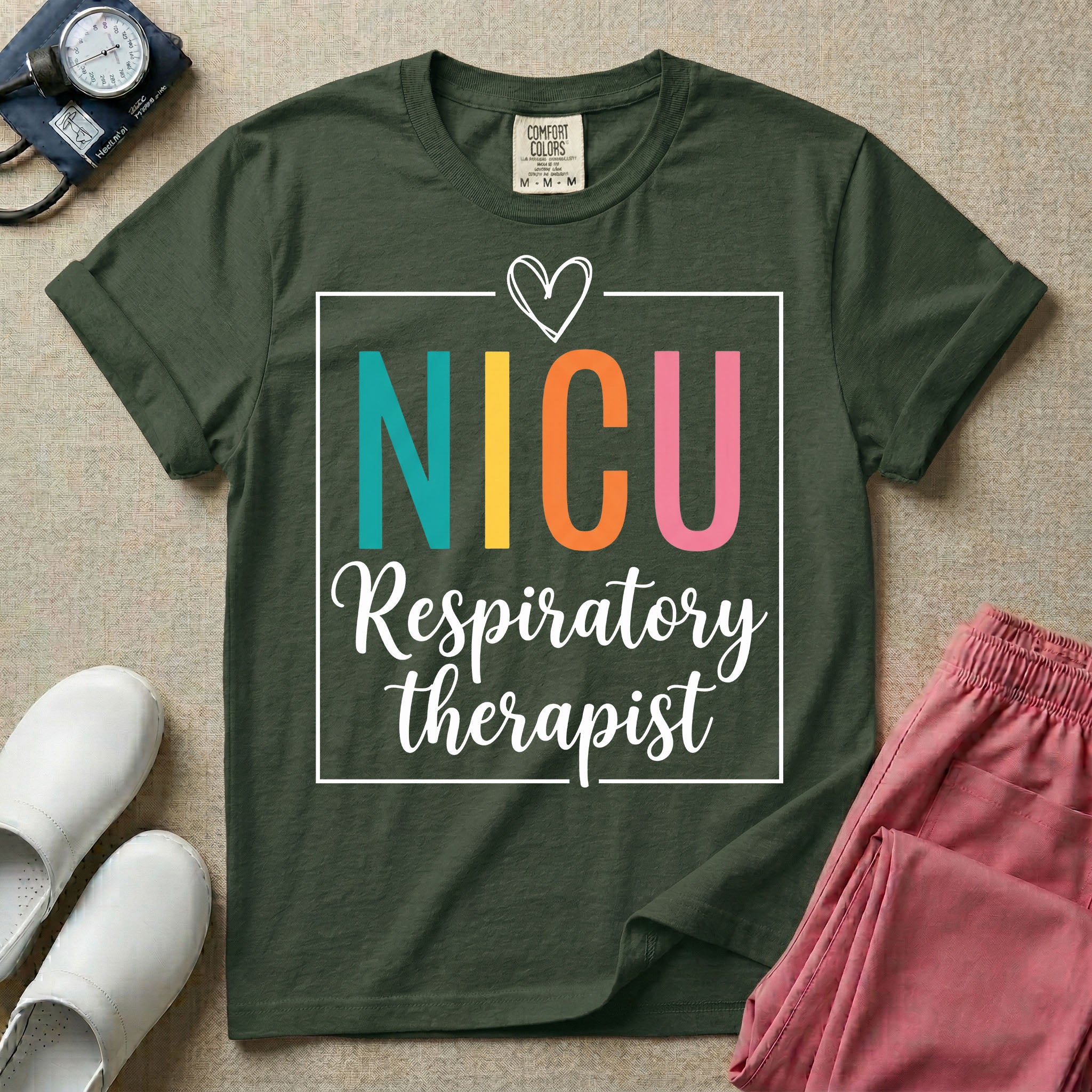 A Neonatal Intensive Care Unit design featuring the acronym NICU in large teal, yellow, orange, and pink block letters beneath a simple hand-drawn white heart, with the words "Respiratory therapist" in a white cursive font below, all partially enclosed by a thin white square frame.