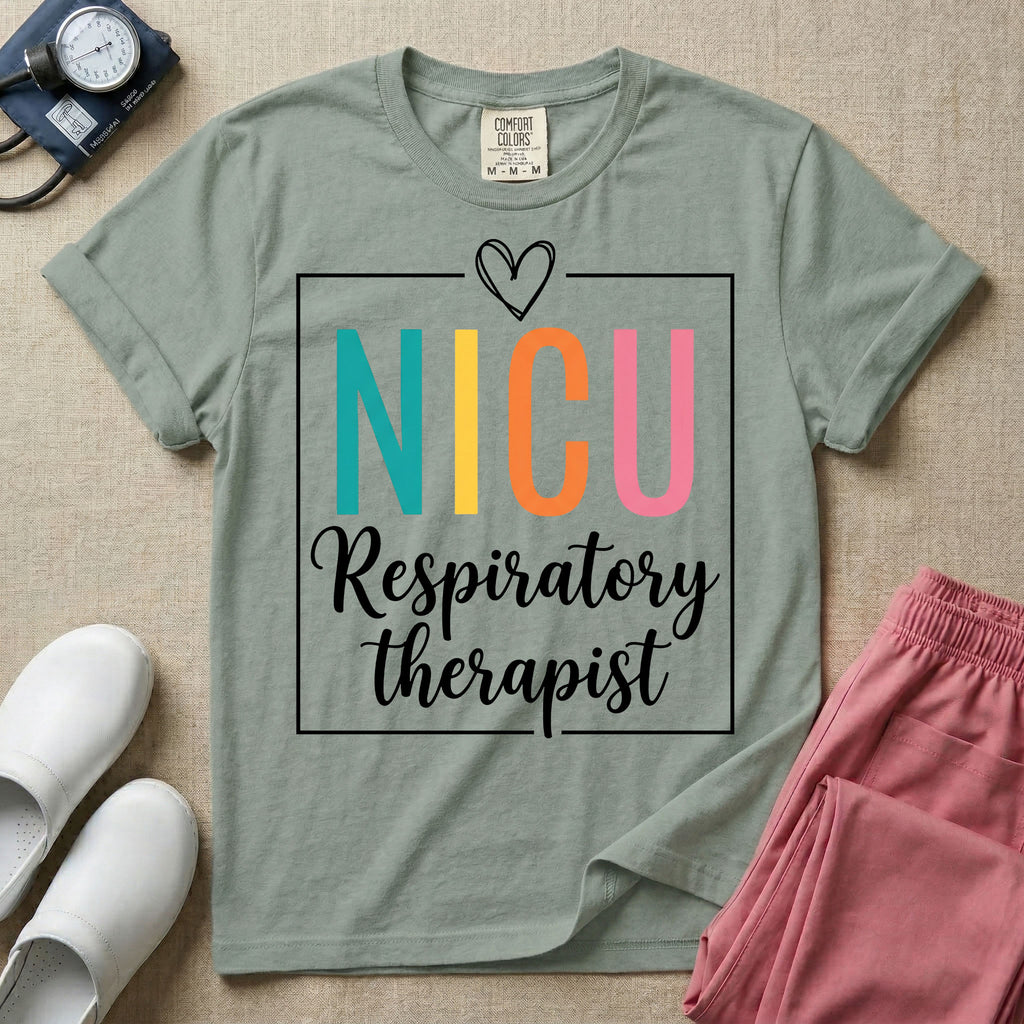 A Neonatal Intensive Care Unit design featuring the acronym NICU in large teal, yellow, orange, and pink block letters beneath a simple hand-drawn white heart, with the words "Respiratory therapist" in a white cursive font below, all partially enclosed by a thin white square frame.