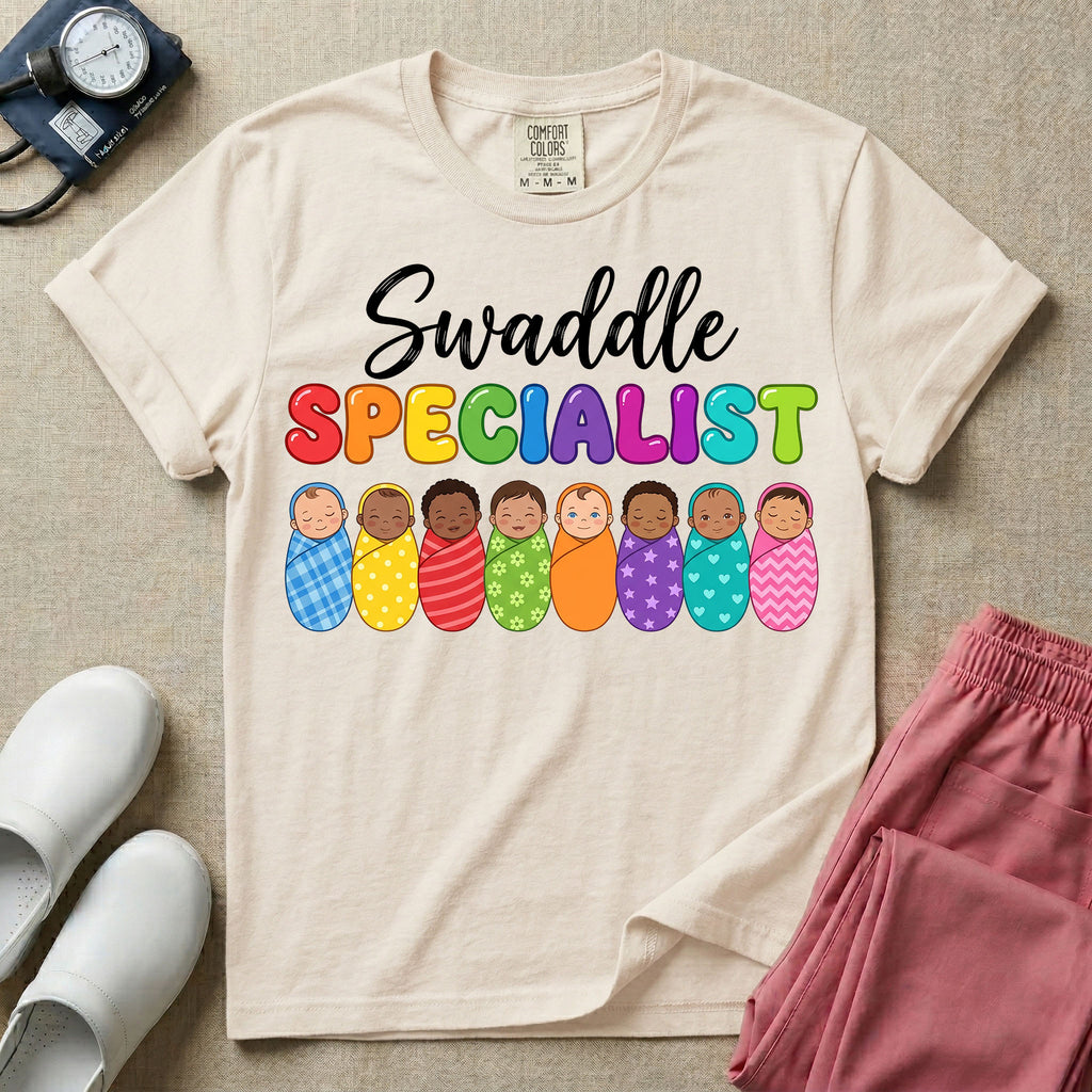A graphic featuring the word Swaddle in white cursive above the word SPECIALIST in bright, colorful bubble letters, resting over a row of eight diverse babies wrapped in colorful patterned swaddles, designed for NICU, labor and delivery, postpartum, and pediatric nurses.